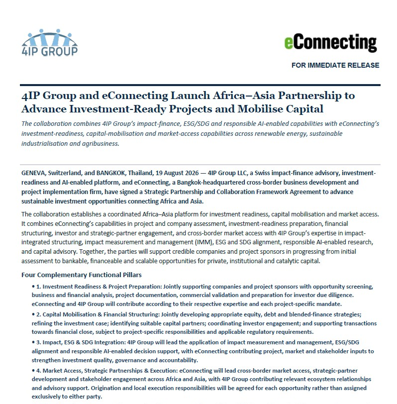 4IP Group and eConnecting Launch Africa–Asia Partnership to Advance Investment-Ready Projects and Mobilise Capital