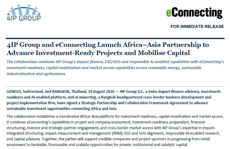 4IP Group and eConnecting Launch Africa–Asia Partnership to Advance Investment-Ready Projects and Mobilise Capital