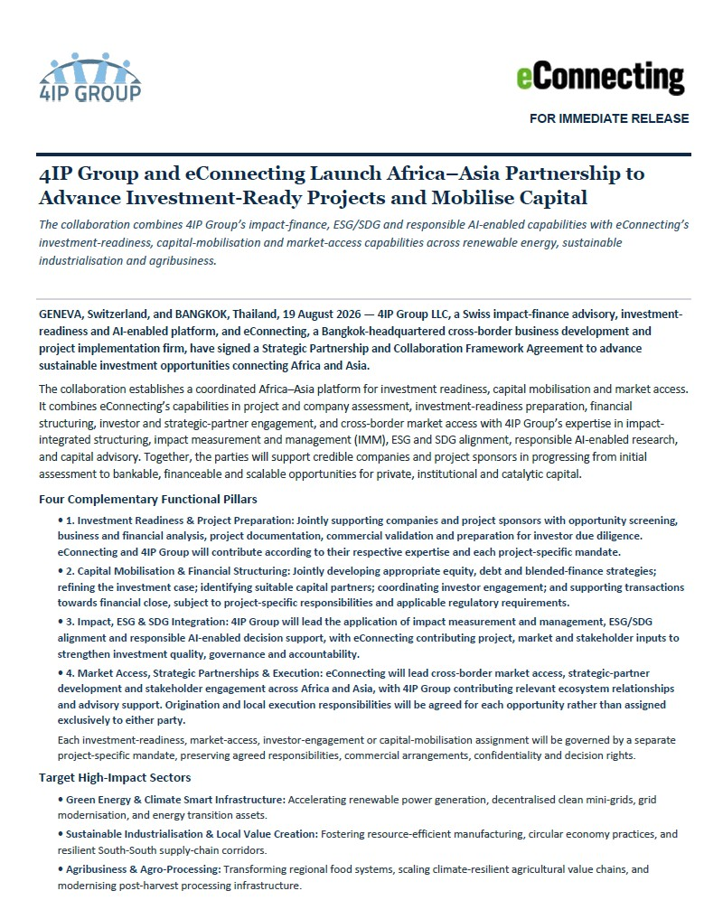 4IP Group and eConnecting Launch Africa–Asia Partnership to Advance Investment-Ready Projects and Mobilise Capital